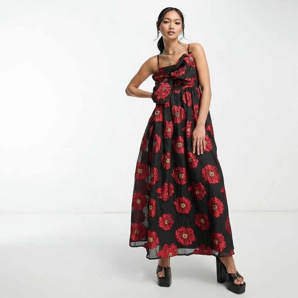 Sister Jane‎ Dream Bardot Dress Red Floral Jacquard Bow Midi XS Sleeveless Black